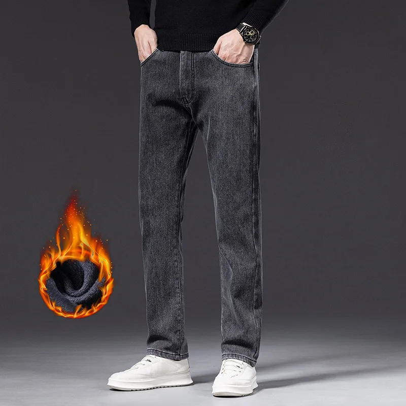 الرجال الحراري الصوف الجينز الشتاء بسط سليم مستقيم الساق الدافئة سراويل جينز اليومية عادية الأعمال تنوعا ملابس خارجية السراويل #2
