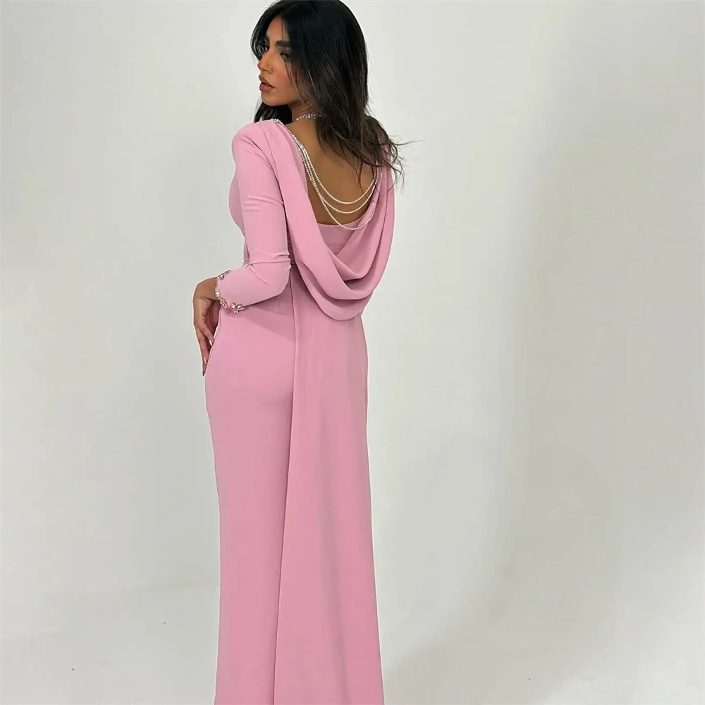 Tarot Pink Long Sleeves Beading Evening Dresses Satin Open Back Formal Prom Dress 2024 Square Collar Side Split robes de soirée