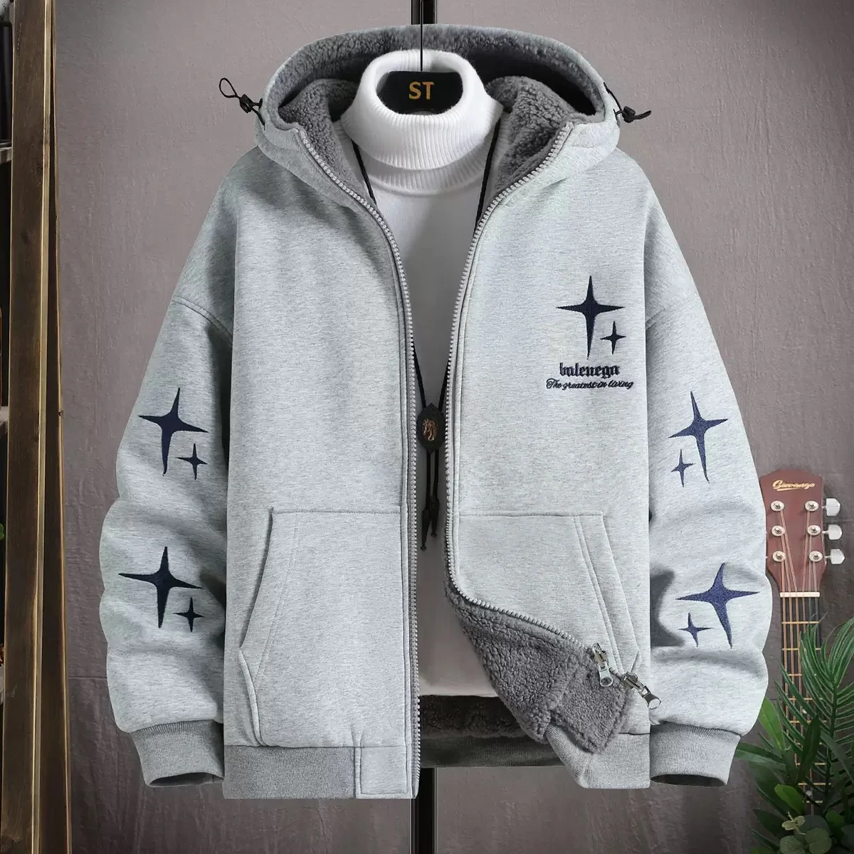 

Winter New Fashion Trend Printed and Plush Thick Warm Hooded Jacket For Men's Casual Loose Retro Sports High-Quality Jacket