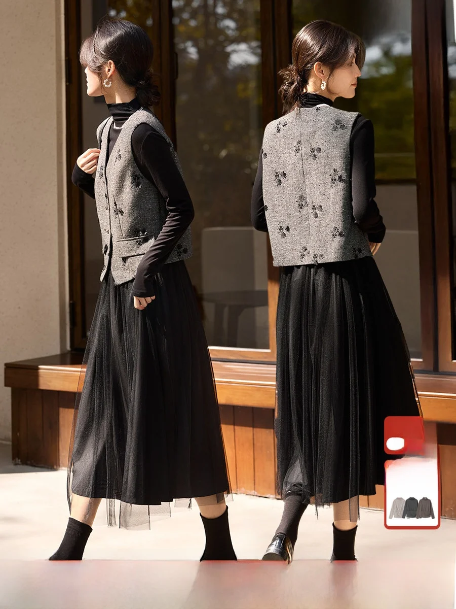 Ele Small Fraance Sle Set Women's Winter New Retro Embroidered Vest Me Dr Two-Piece Set Luxury Faion Ensemble