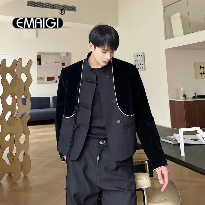 

Man Chinese Style Buckle Velvet Solice Stand Collar Loose Casual Short Suit Blazer Jacket Men Net Celebrity Streetwear Suit Coat