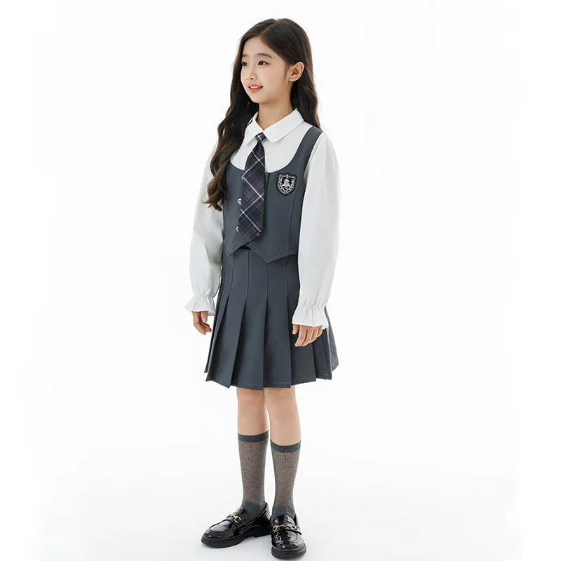 Tenue deux pièces pour écolières, automne coréen, Patchwork, haut à manches longues, jupe plissée, ensembles pour enfants filles