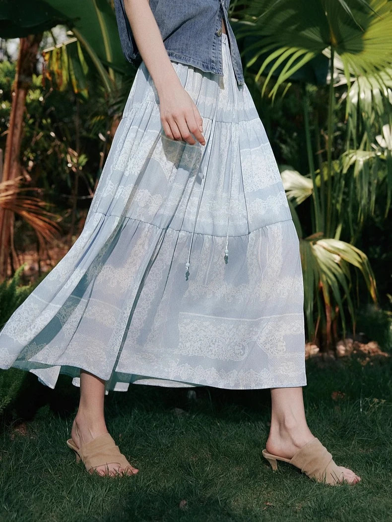 CHEERART Boho Floral Summer Skirt For Woman 2025 Bohemian Yellow Blue A Line Midi Long Skirt Vacation Holiday Beach Bottoms