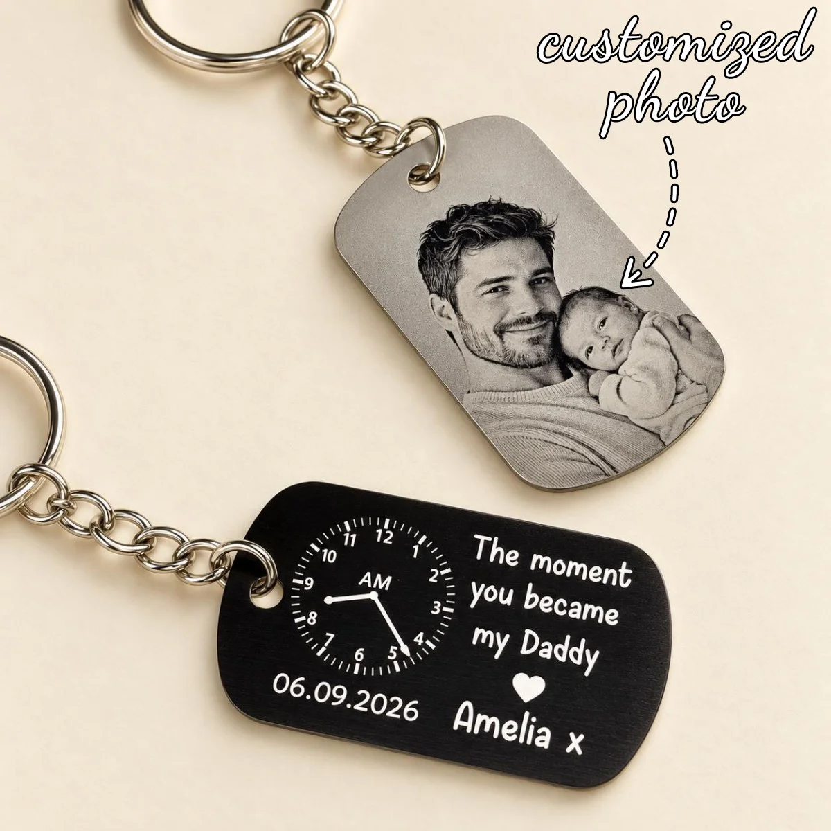 Personalised Photo Keyring, Engraved Birth Clock, New Daddy Gift