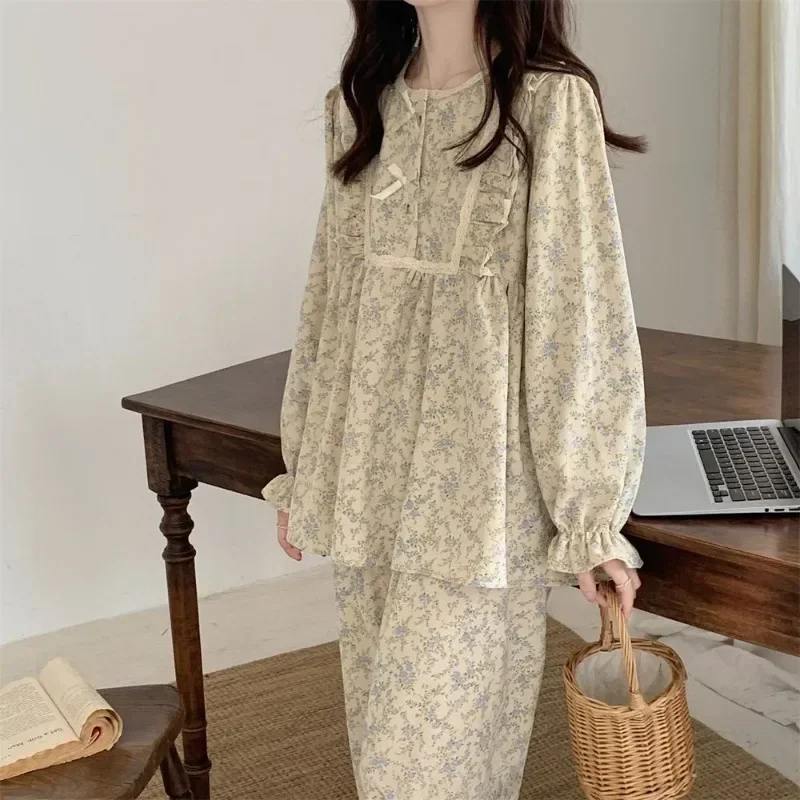 Vintage Dames Pyjama Set Voor Thuis Gebloemde Kanten Nachtkleding Met Lange Mouwen, Pak 2 Stuks Herfst Ruche Korean-Hals Nachtkleding