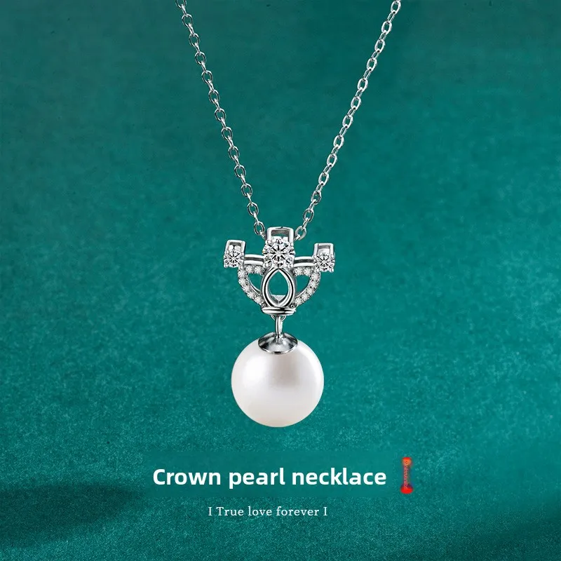 S925 Silver Platinum-Plated 0.28CT D-Color Moissanite Crown Pearl Pendant Necklace for Women