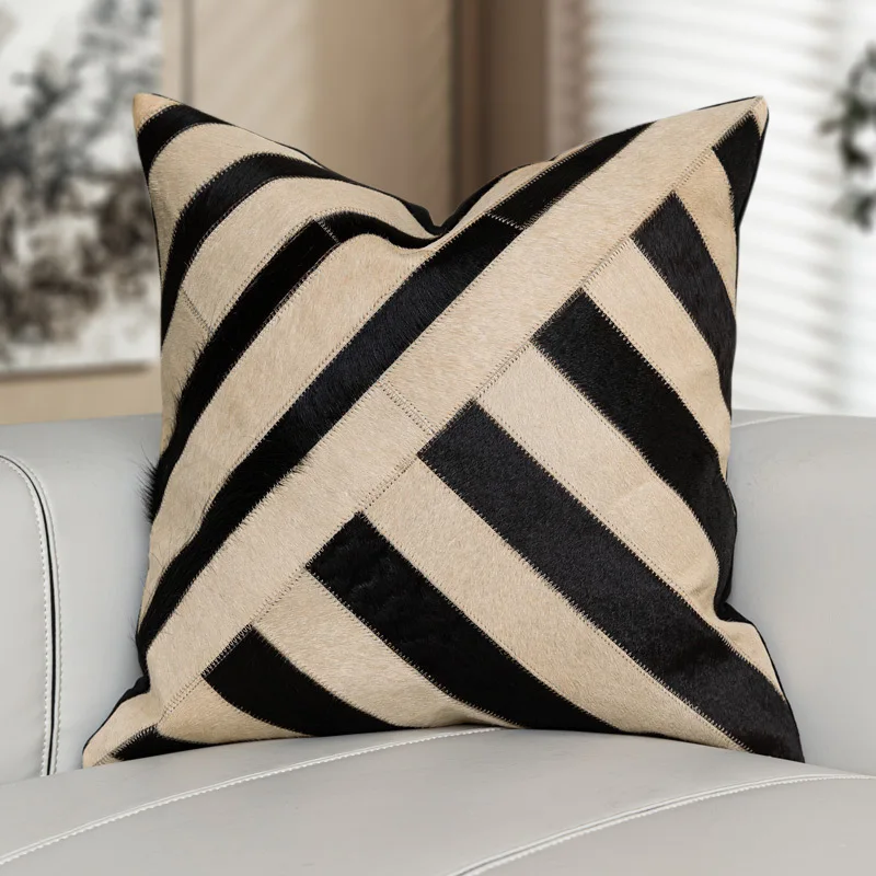 Luxury Cushion Cover Brown And Black Cowhide Spliced Square Pillow Case For Home Hotel Bed Living Room Sofa