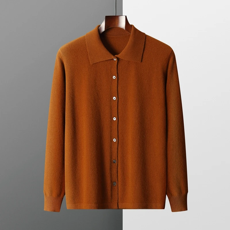 Wool Cardigan Men's Autumn And Winter New 100% Pure Wool POLO Collar Business Casual Ssweater Soat Fashion Knit Top.