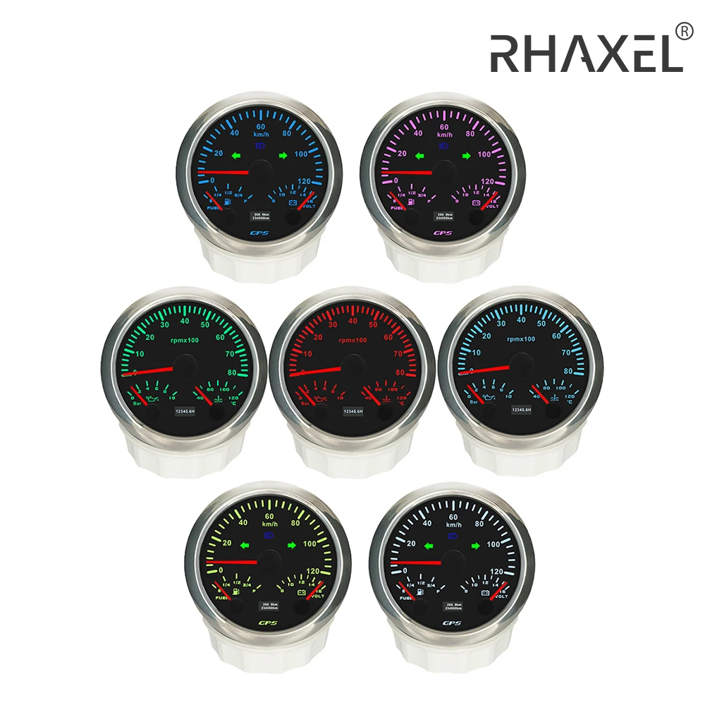 RHAXEL Gauge Set 85mm GPS Speedometer 120km/h Tachometer 8000RPM Fuel Level Oil Pressure Water Temp. Voltmeter 12V with Sensor