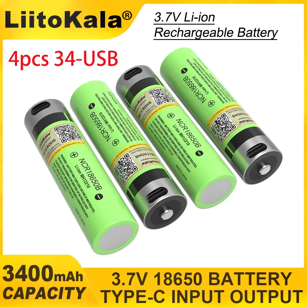 4 قطعة LiitoKala NCR18650B USB شحن 18650 ليثيوم أيون 3400 مللي أمبير بطارية ليثيوم سعة كبيرة 3.7 فولت ، تستخدم للتحكم عن بعد