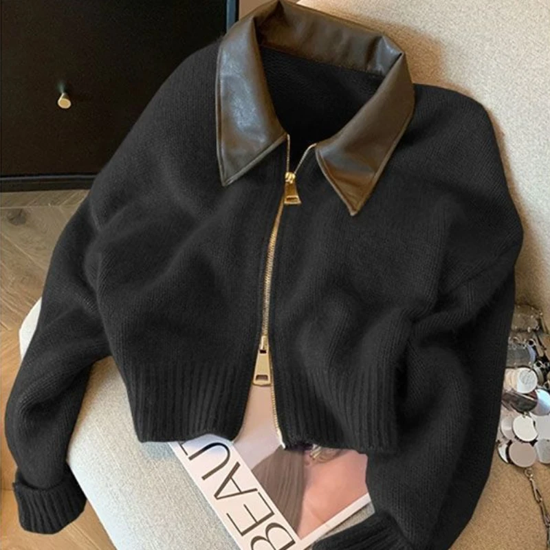 Panelled Zip-up Cardigan Women Lazy Warm Loose Casual Knitted Vintage Streetwear Coat Autumn Winter Sweater Fashion Soft Ulzzang