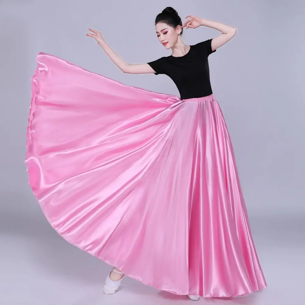 Shining Satin Long Spanish Skirt Swing Dancing Belly Dance Dress Sun Maxi Skirt 2024 Summer Ladies Casual Swing Dancing Skirt