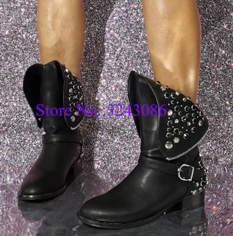 New Black Leather Rivets Flat With Short Boots Lady Fashion Design Studs Ankle Boots Woman Sexy Large Size Spikes Winter Shoes