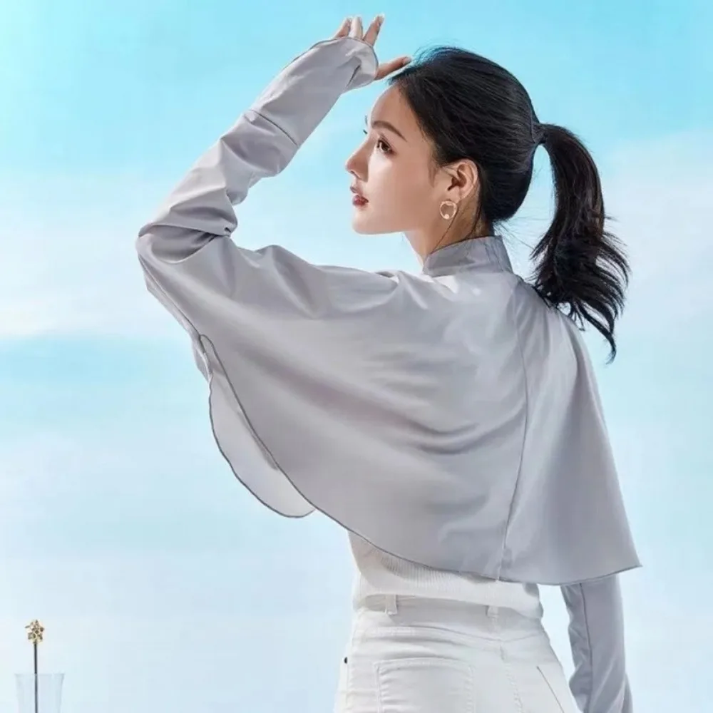 Haut court Ultra-fin à manches longues avec nœud papillon, Anti UV, manches de protection solaire à séchage rapide, couvre-bras, couleur unie, châle en soie glacée pour l'extérieur