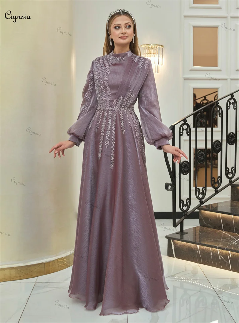 Ciynsia Elegant Long Sleeve Arabic Evening Dress High Neck Muslim Moroccan Caftan Formal Party Gown Appliques Dubai Prom Dresses