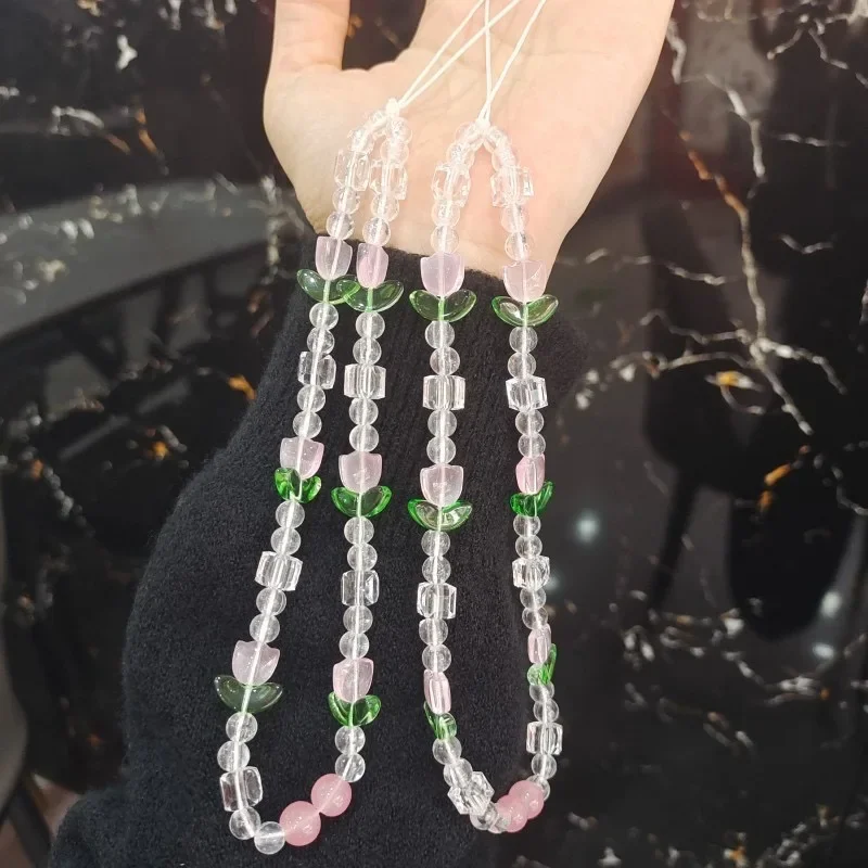 Łańcuszek do telefonu Ins Pink Tulip & Beaded Girl, akcesoria do etui na telefon, zawieszka do torby i aparatu