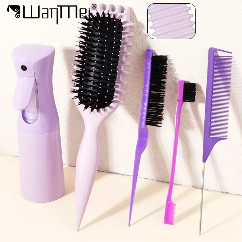 Kit de 5 brosses à cheveux professionnelles : Brosse de massage douce, Brosse Candy, Brosse à queue de rat, Peigne de contrôle des bords et Flacon pulvérisateur – Outils de coiffure pour salon