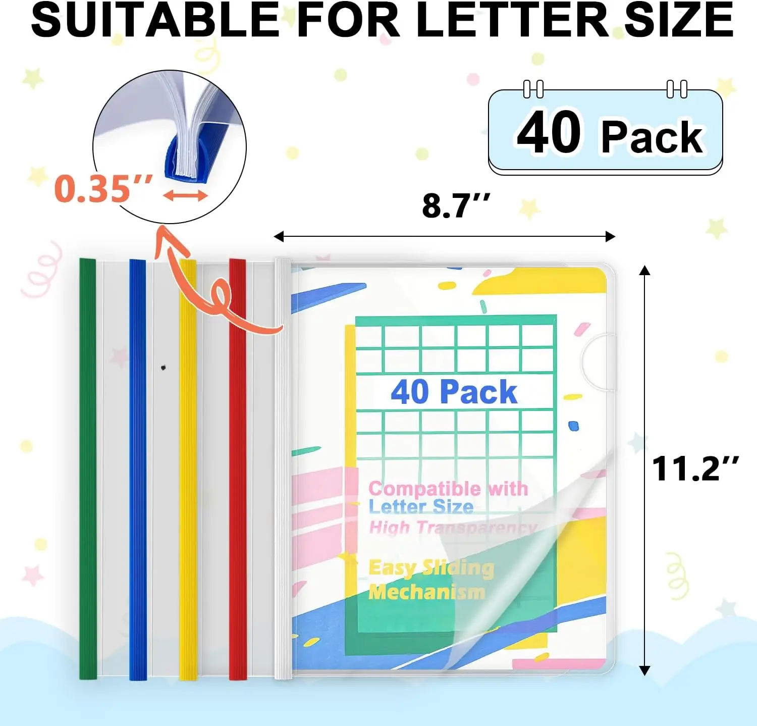 40 Pack Clear Report Covers with Sliding Bars, 9mm (70 Sheet Capacity) Colorful Sliding Bar File Folders, for Letter Size