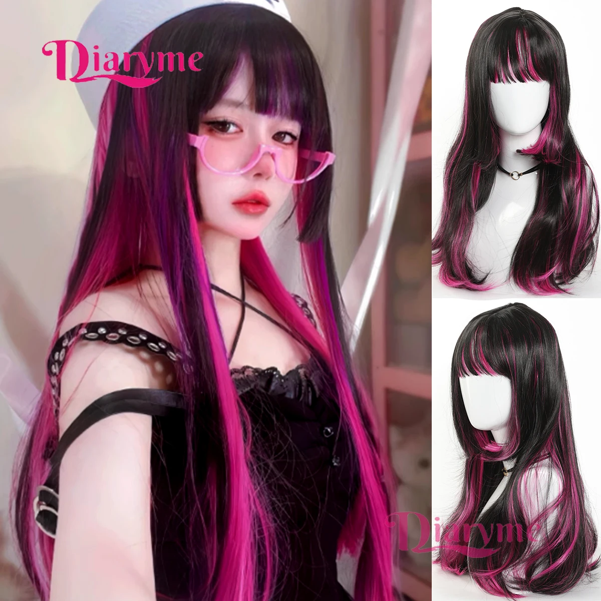 

BG Synthetic Long Straight Lolita Wig with Bangs Wig Girl Cute Ombre Purple Red Black Cosplay Party Halloween Harajuku Wig