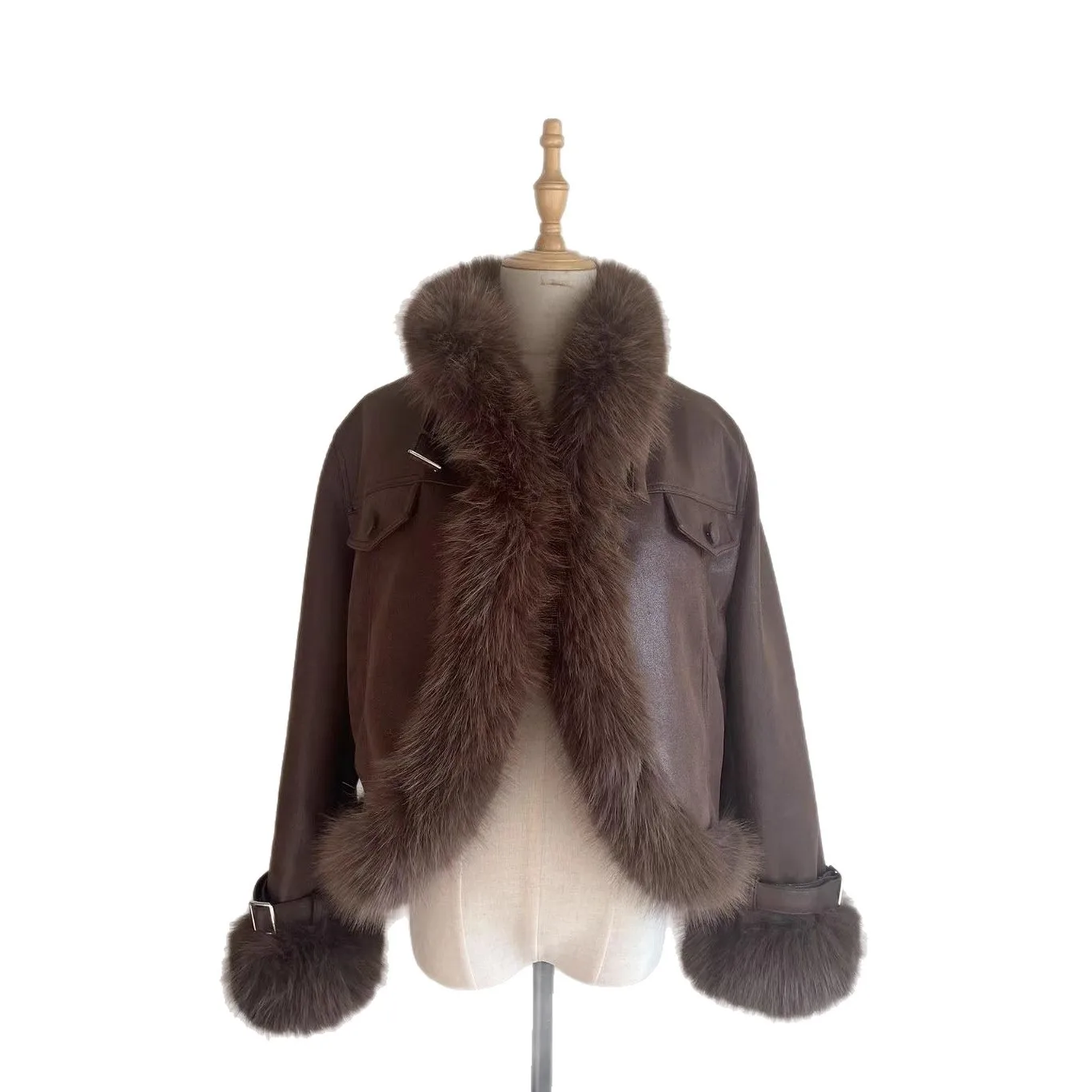 Elegante moda High-end Socialite Giacca in ecopelle Pelliccia di volpe Patchwork PU Bottone Sottile Spessore Caldo Cappotto corto Donna Inverno