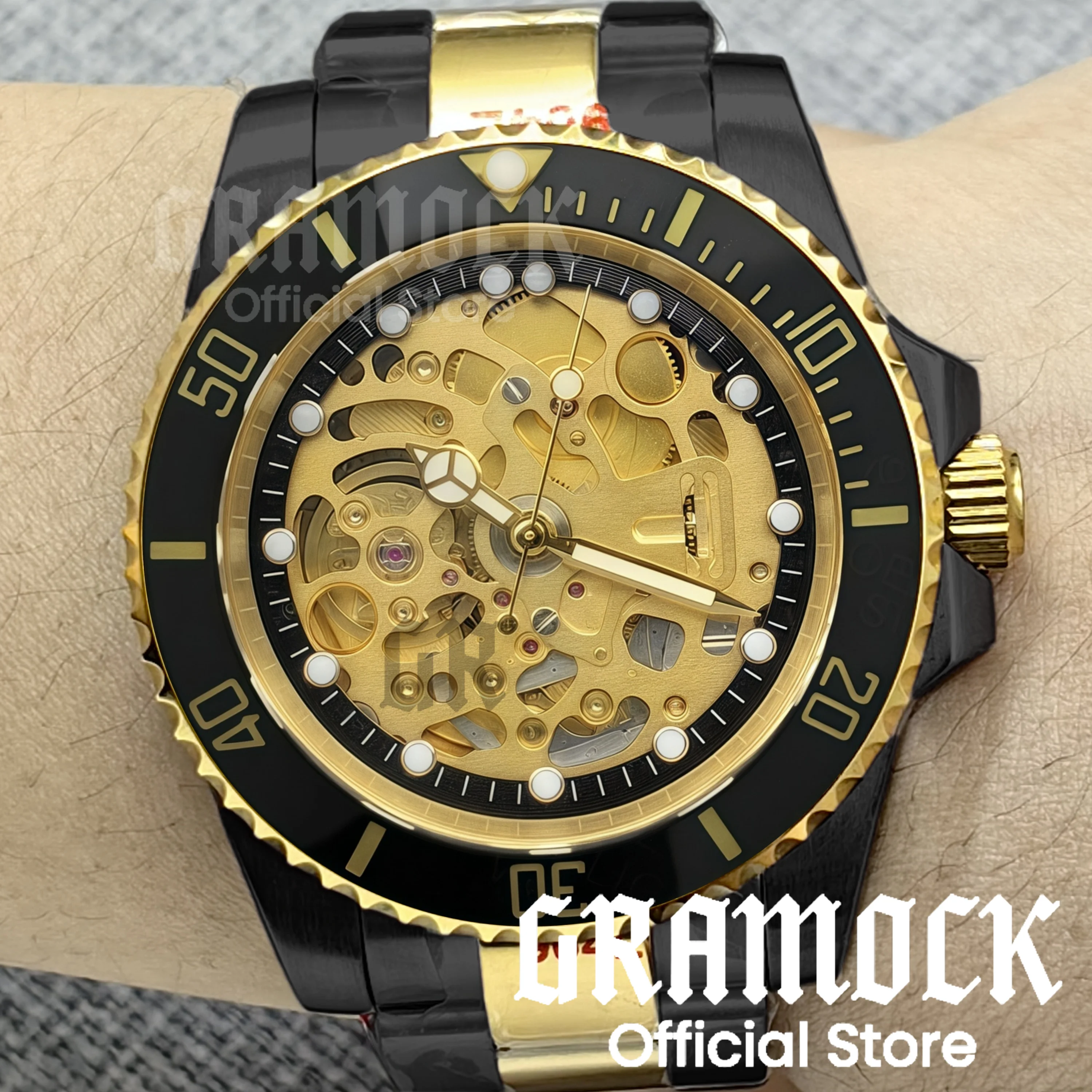 

Gramock 40mm Men's Luxury Black Gold Watches Full Gold Hollow-out Skeleton NH71 Watch for Men Sapphire Glass Diving Reloj Hombre