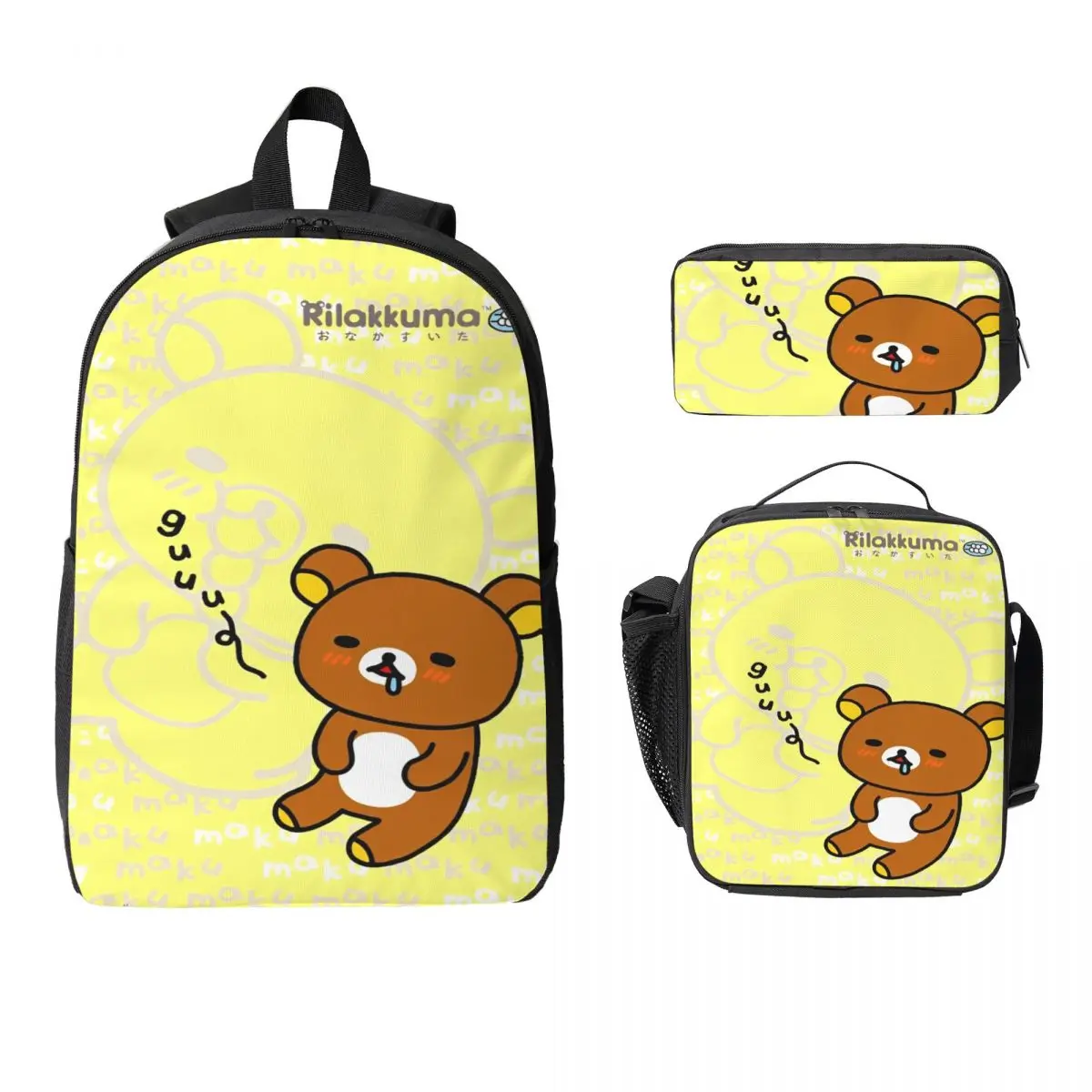 

3Pcs Cute Kawaii Rilakkuma Bear merch Backpack Set for Kids Pen Bags Bookbag Sets with Lunch Box For School Students Knapsack