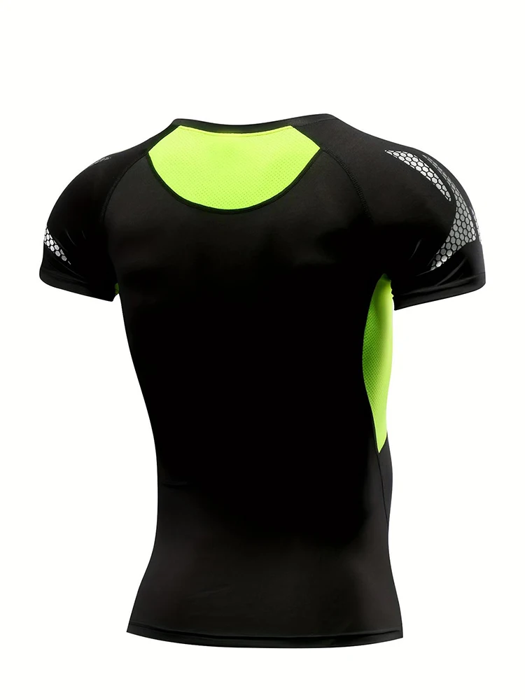 Green Edge Summer Men's High Elastic Short Sleeves, Tights Quick-Drying tops Sports Fitness Clothes Basketball Football Running