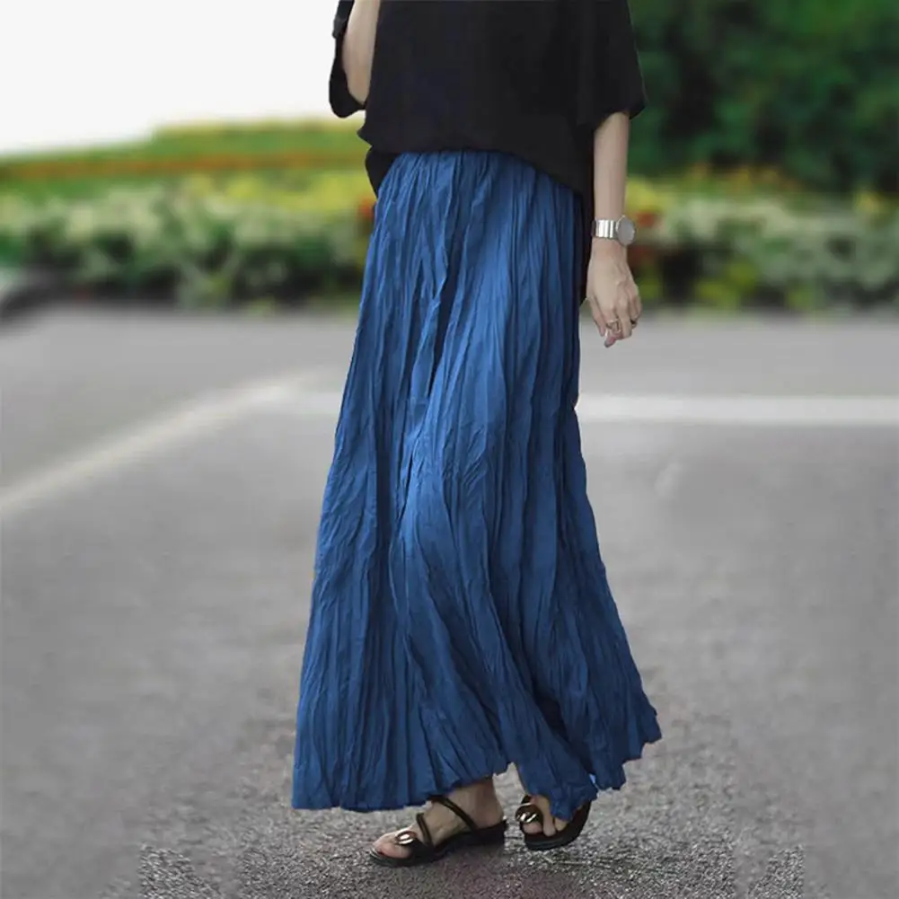11 لون المرأة خمر ميدي تنورة واسعة مطاطا حزام عالية الخصر مطوي ألف خط تنورة الصيف السلس الساتان التنانير الطويلة