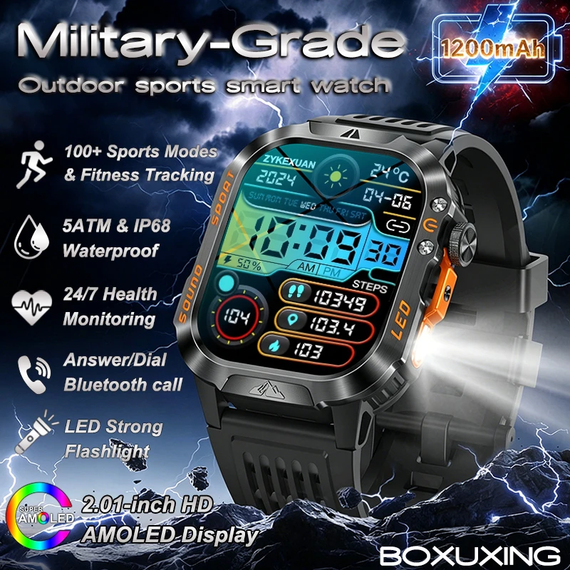 

2026 New Military 1200mAh Battery Smartwatch Men 5ATM Waterproof Fitness Tracker Flashlight Heart Rate AMOLED Screen Smart Watch