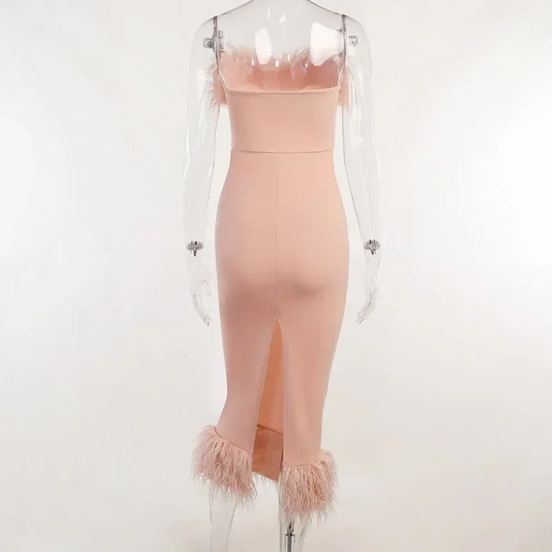 Bangniweigou Party Hairy Tube Dress Off Shoulder Elegant Split Midi Prom Robe Women Birthday Pink White Black Evening Attire