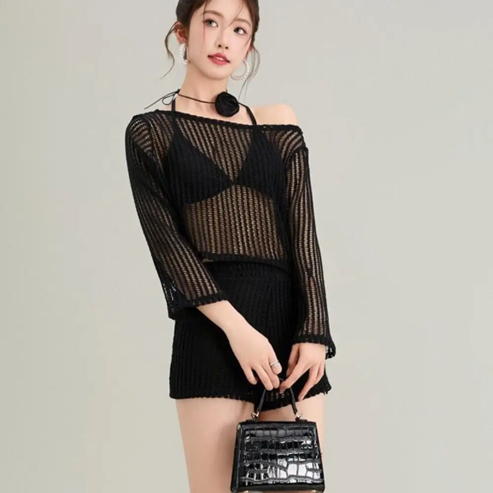Loose Long Sleeve Swimsuit Pullover Hollow Out Crochet Knit Bathing Suit Beachwear Sun Protection Three Pieces Set Swimwear