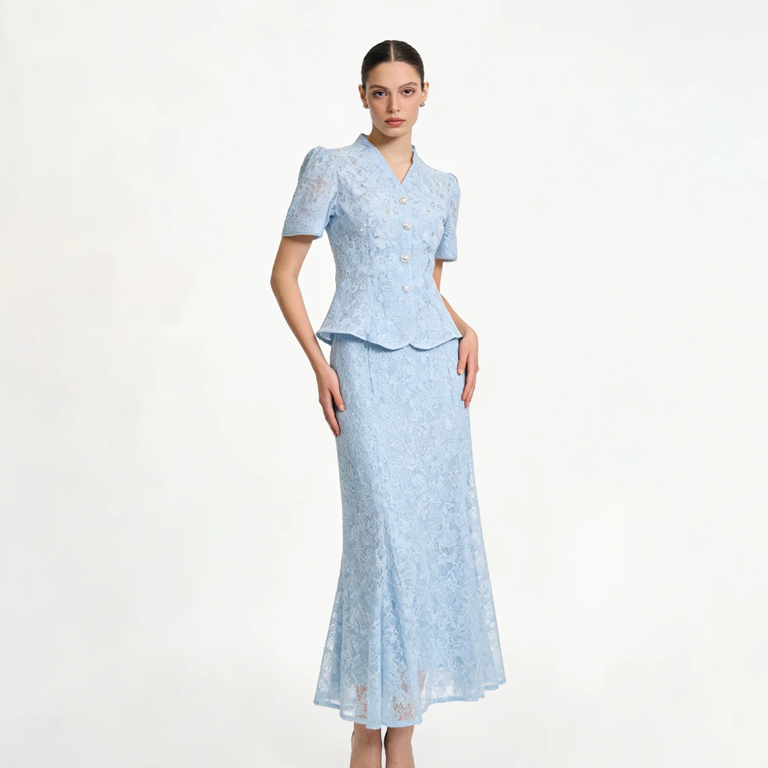 

LIMO 2026 Hot Sale Women's Elegant Lace Two Piece Set Puff Sleeve Peplum Top + Mermaid Maxi Skirt Party or normal Dress