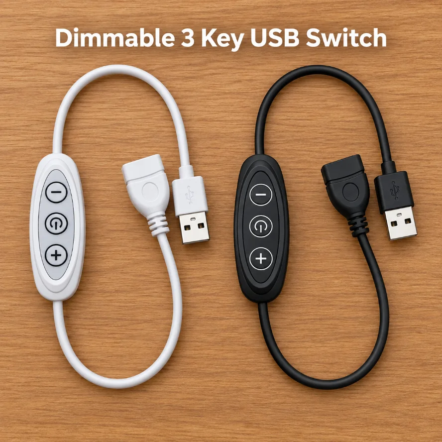 3 Key USB Dimmable Inline Switch 8 Level Brightness Stepless Dimming Controller On Off Cord for USB LED Strip Light Desk Lamp