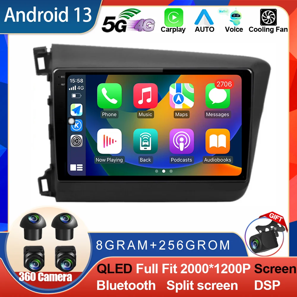 

9 Inch Car Radio Android 13 For Honda Civic 2012 2013 2014 2015 CarPlay Multimedia Video Player DSP GPS Navigation Autoradio BT