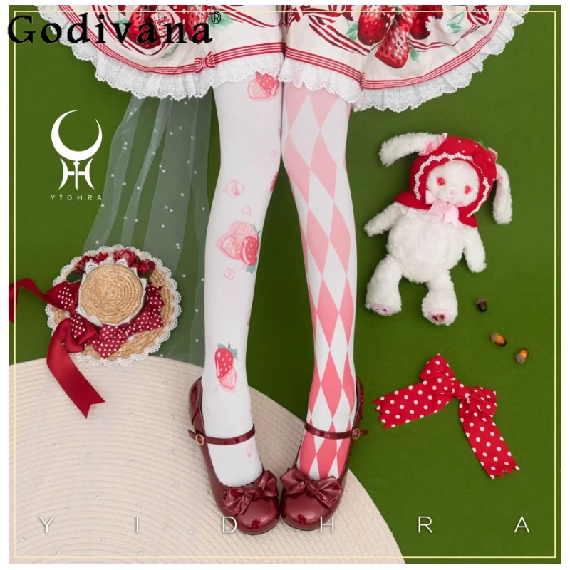 

Sweet Strawberry Print Lolita Pantyhose Girl's Sweet Kawaii Y2k Elegant Leggings Autumn and Winter Tights Socks Knee High Socks