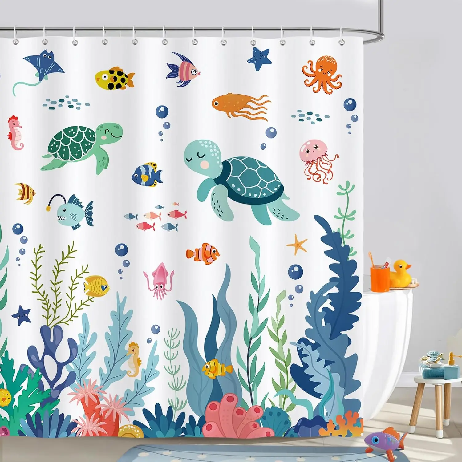 Kids Shower Curtain,Cute Ocean Sea Turtle Fish Corals Underwater World Bathroom Decor for Boys Girls Polyester Fabric Waterproof