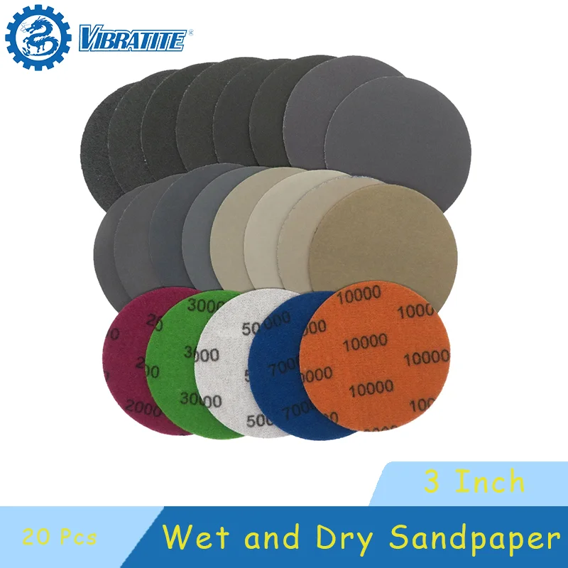 3 Inch Wet and Dry Sanding Paper 20 Pcs 60-10000 Grit Silicon Carbide Hook&Loop Sandpaper for Polishing and Sanding Wood Car