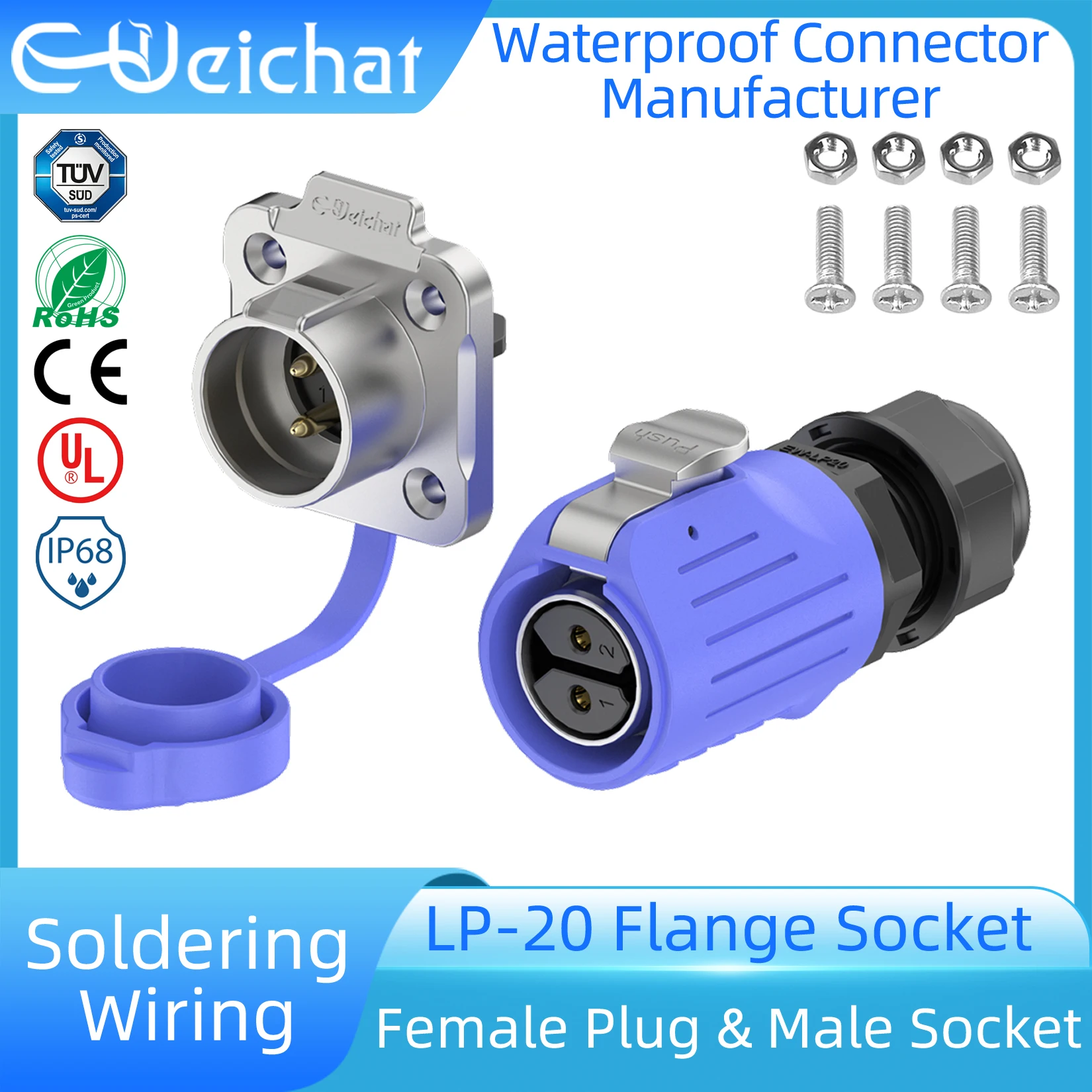 

LP20 IP68 Waterproof Connector 2-14 Pin Blue Metal Female Plug + Flange Socket Industrial Circular Aviation Electrical Connector