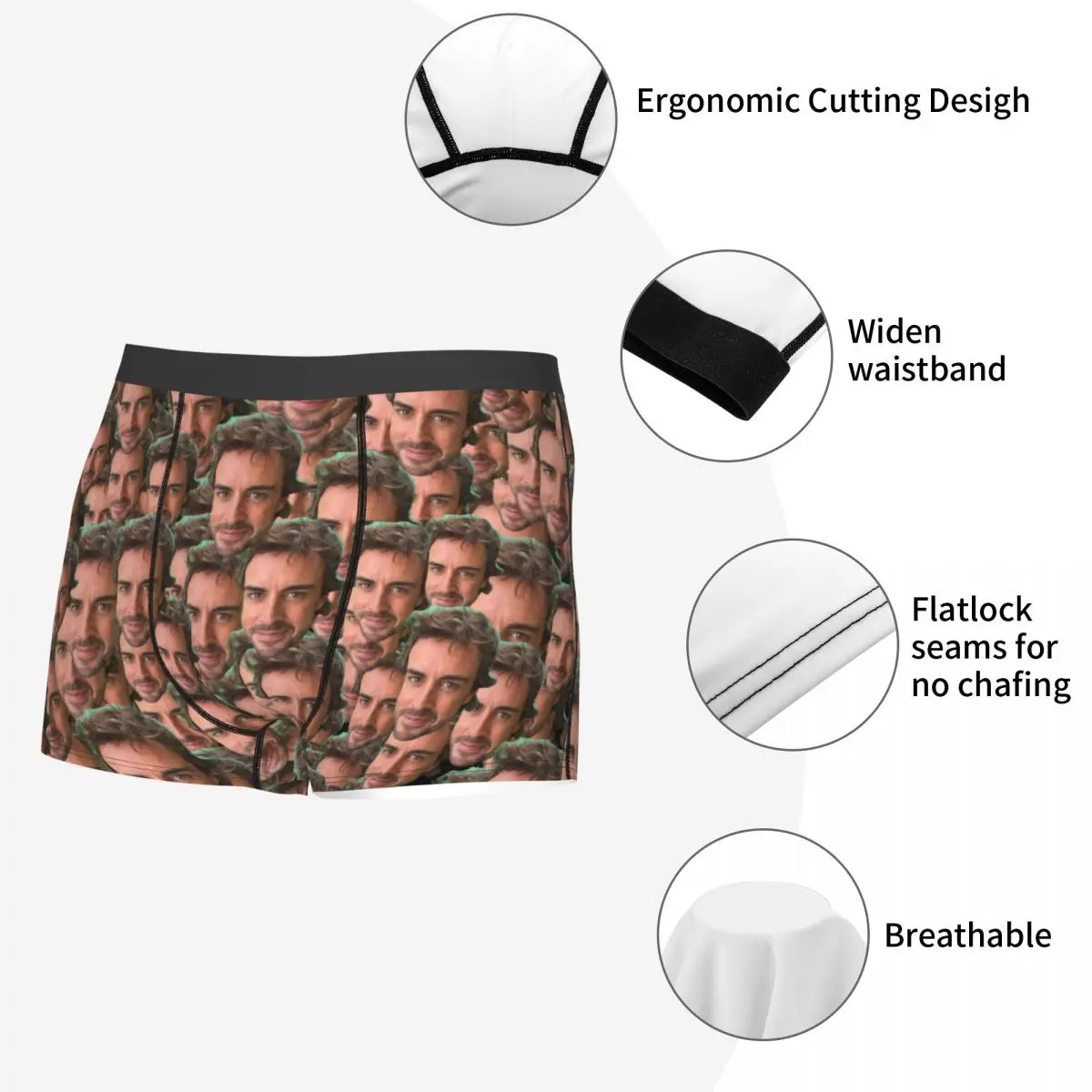 Men Fernando Alonso Funny Face Boxer Briefs Shorts Panties Mid Waist Underwear Homme Novelty S-XXL Long Underpants