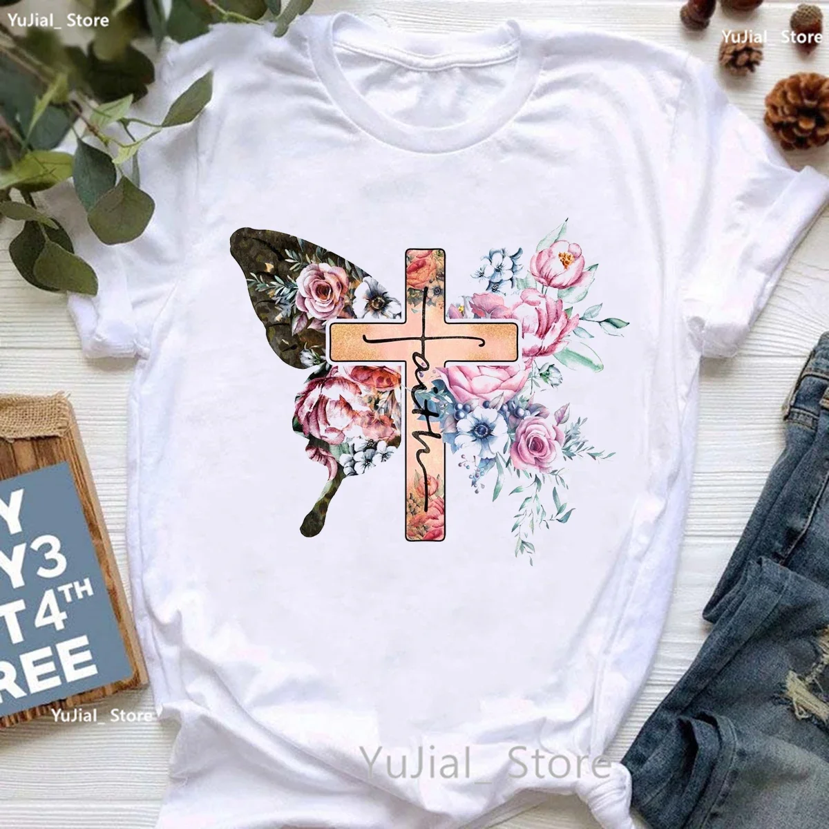 

Newest Faith Jesus Print T Shirt Women'S Clothing Beautiful Butterfly Flowers Tshirt Girls Summer Fashion Tops Tee Shirt Femme