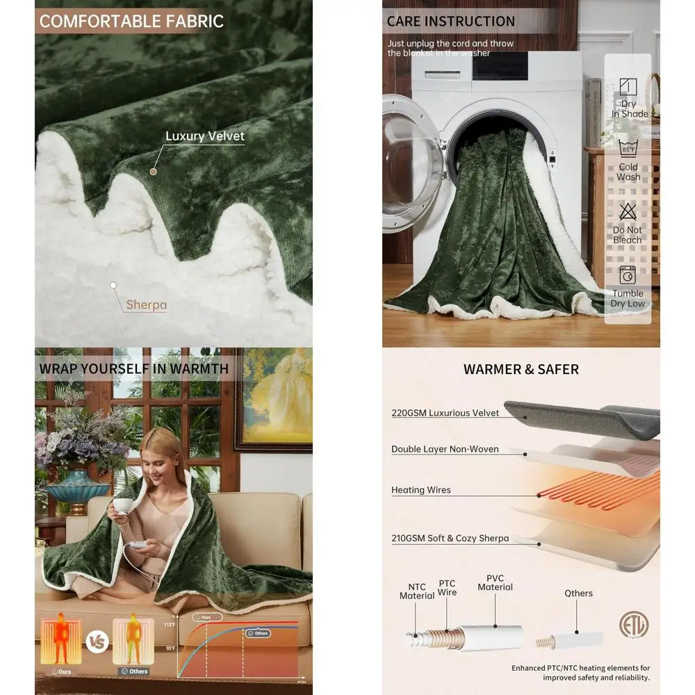 

Luxury Velvet Electric Throw Blanket, 4 Heat Settings, Auto-Off, Machine Washable, 50x60 Green