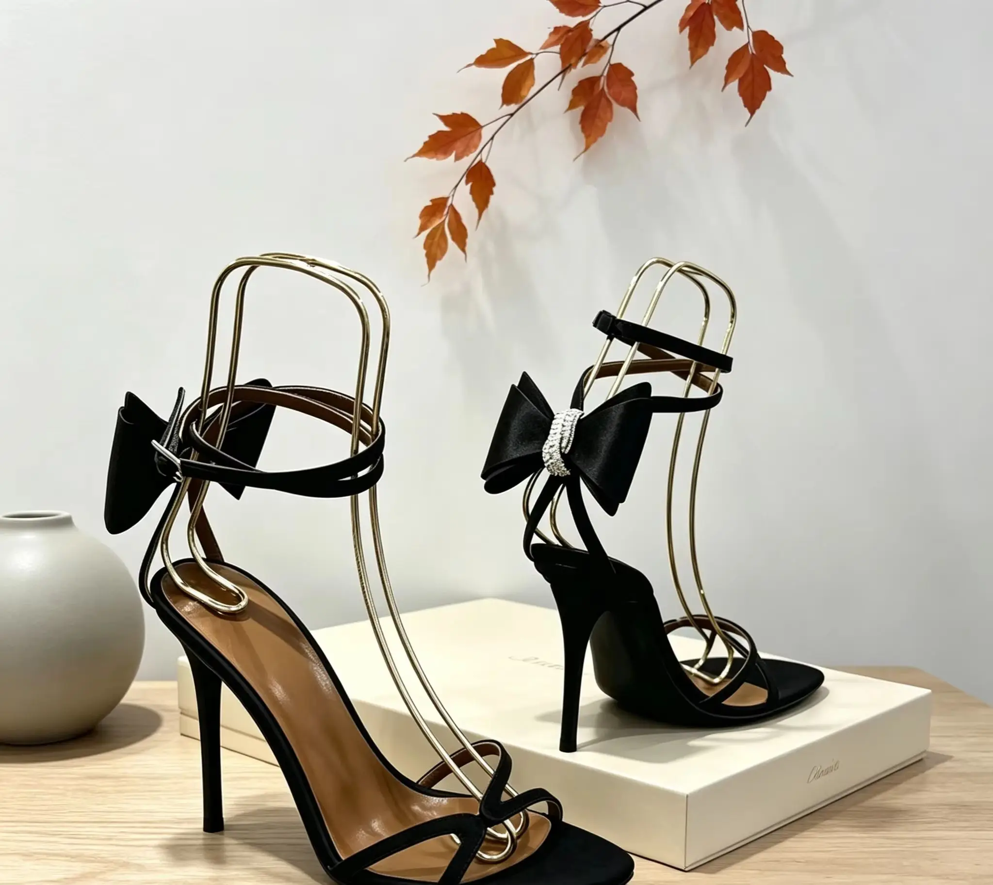 Butterfly knot  Rhinestone Women Stiletto High Thin Heel Pumps Sandals Open Toe Ankle Strap Summer Wedding Satin Elegant Shoes