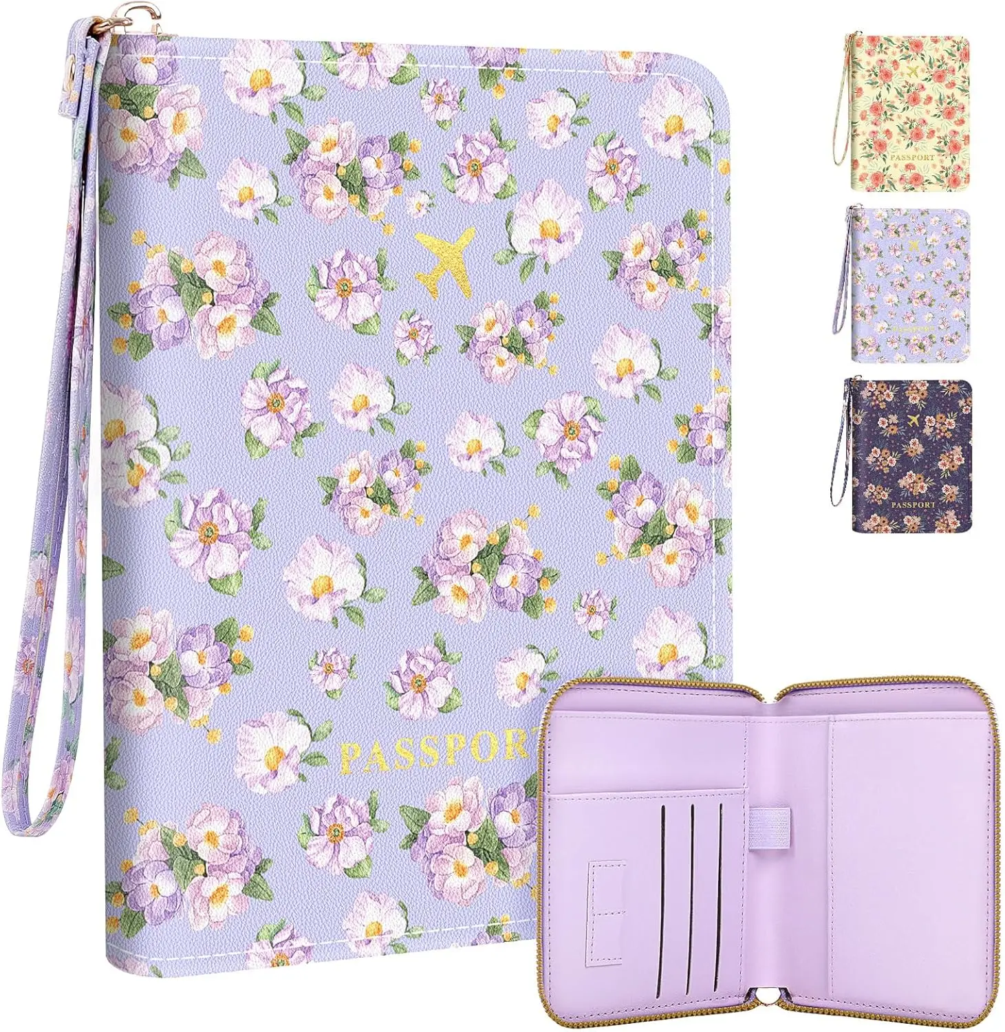 

Держатель для паспорта с защитой от RFID и отделениями для карт — дорожный кошелек для мужчин и женщин, фиолетовый цветочный дизайн