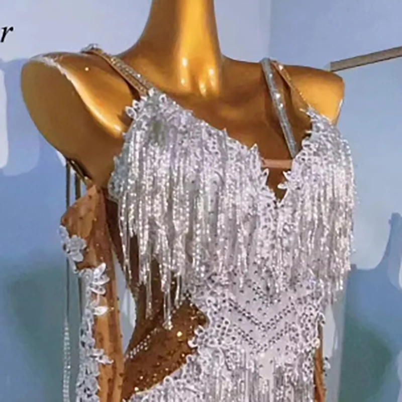 

Платье для латинских танцев, высококачественное платье с серебряной кисточкой на заказ, высокая вспышка со стразами, женская профессиональная одежда для сцены для взрослых