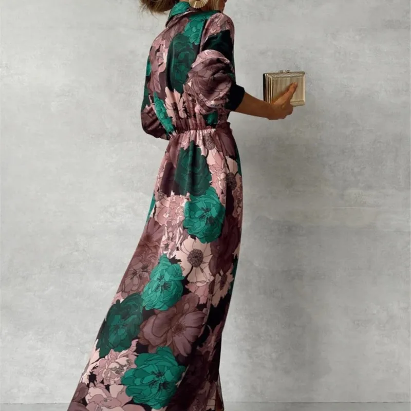 Elegante abito lungo da donna con stampa autunnale con bottoni con risvolto maniche a lanterna con cintura in vita e grande abito con stampa floreale
