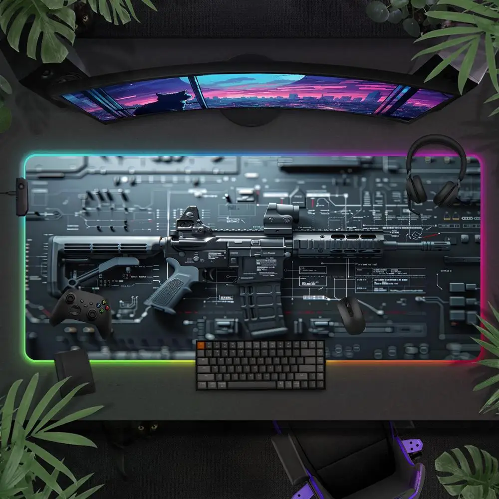 

Gun Draft Mouse Pad Large RGB Gaming Mousepads LED Light Locked Edges Game Accessories Table Pads PC Keyboard Mat XXL 90x40cm