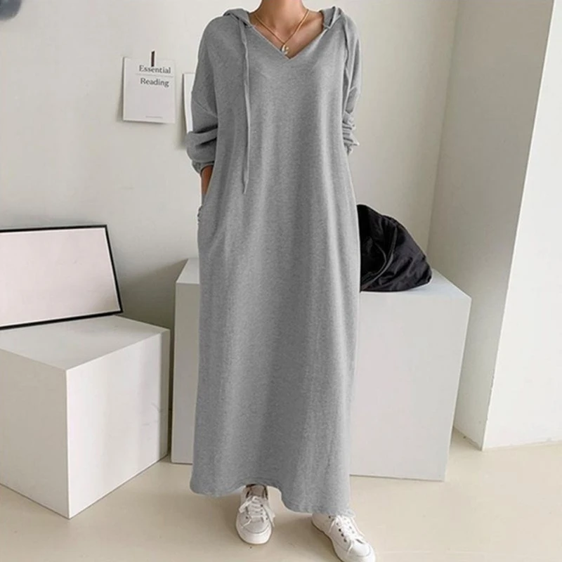 Spring Women's Hooded Casual With Pocket Dress Solid Color Fashionable Sexy Shirt Long Skirt Sweatshirt