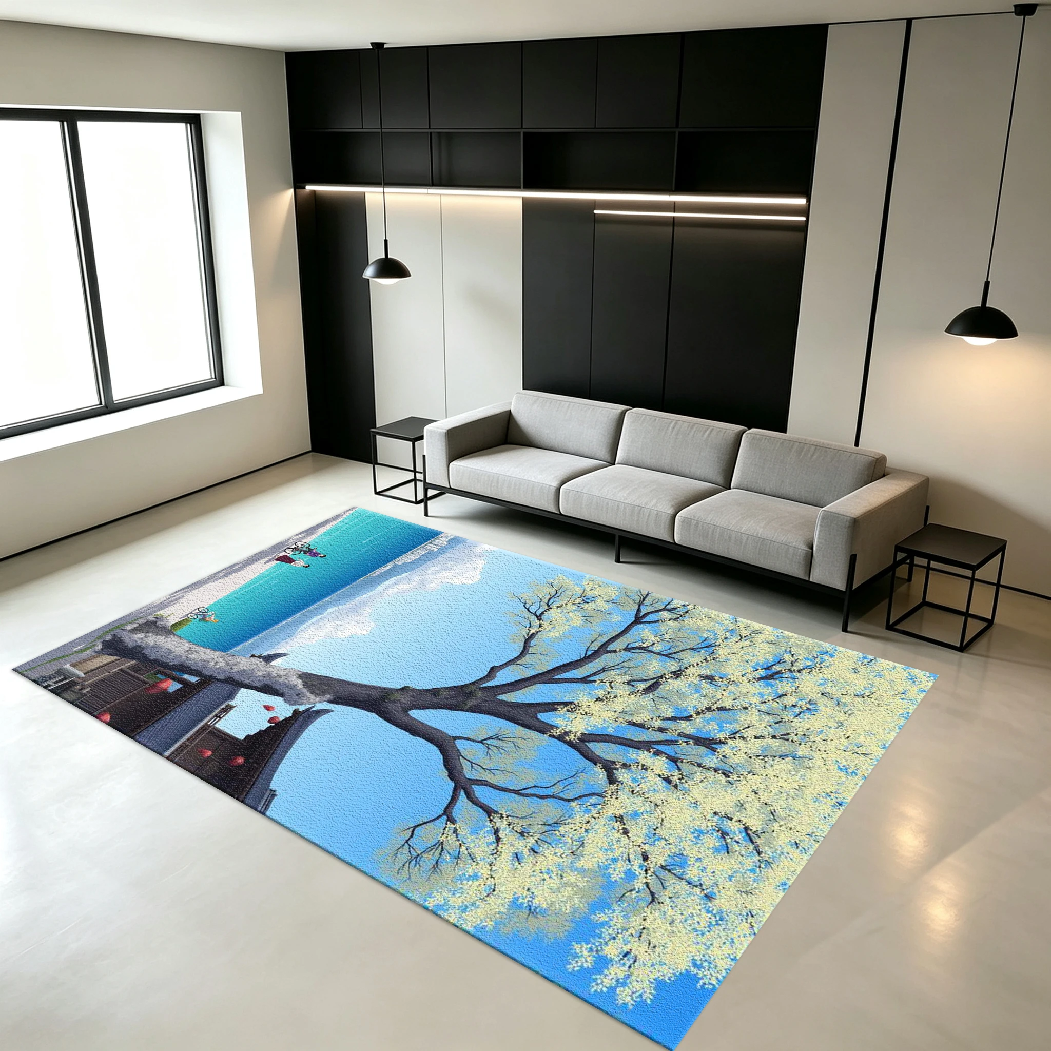 Anime-Style Ancient Architecture, Large Trees, Coastal Scenery Carpet, Non-Slip Printed Carpet Suitable for Bedroom, Study, Dormitory, Home Floor Decoration