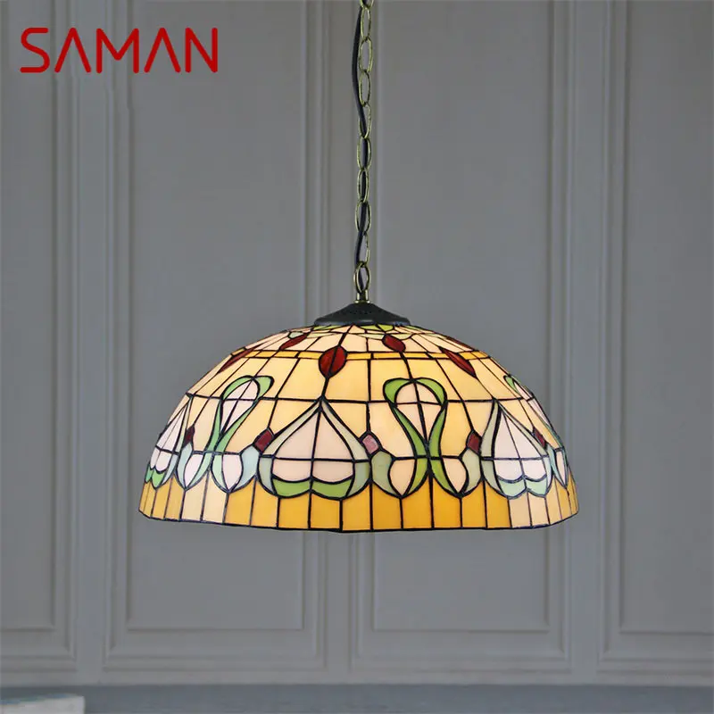

SAMAN Tiffany Glass Pendant Lamp LED Creative Pattern Vintage Hanging Light Decor for Home Dining Room Bedroom Hotel