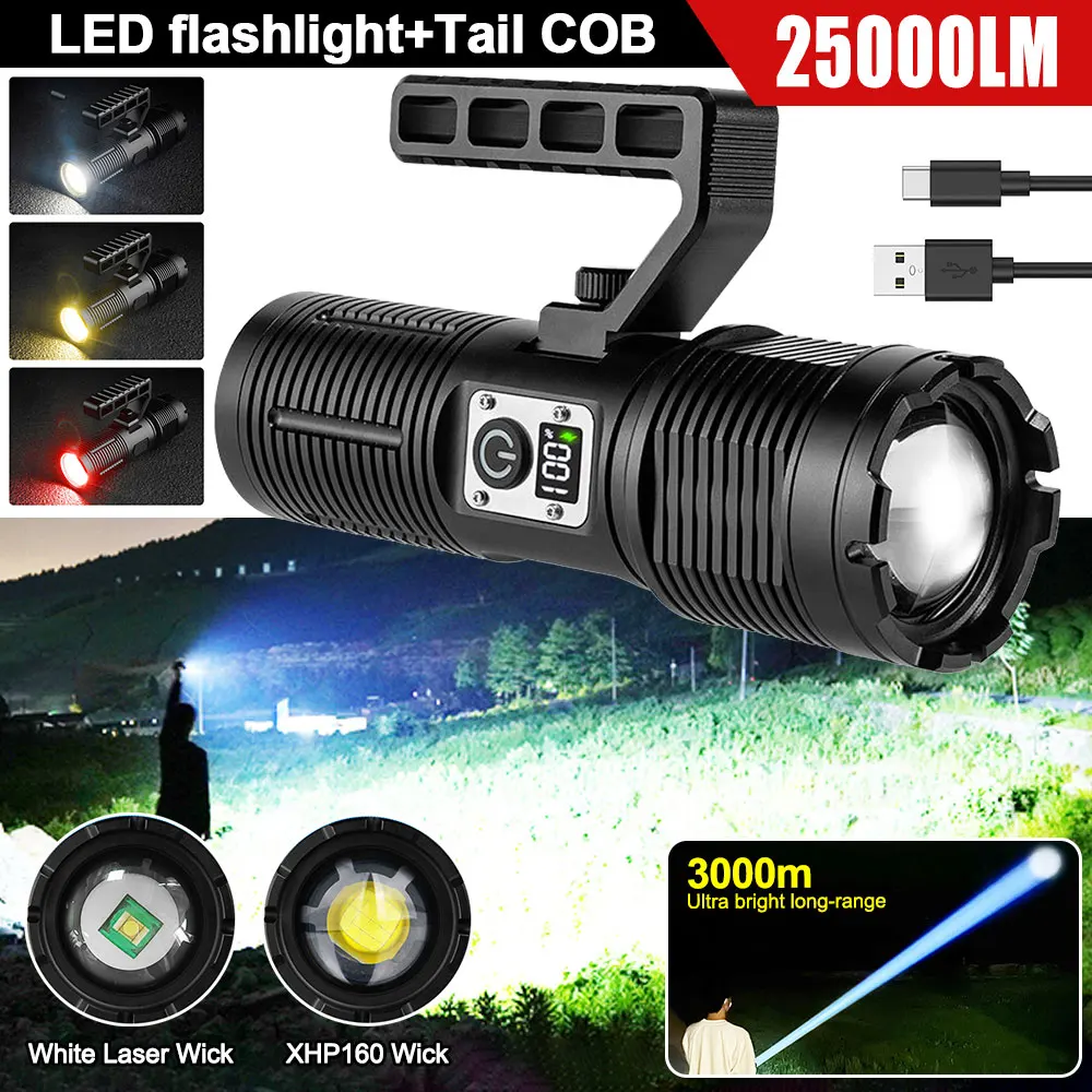 E2 XHP160 30W Powerful LED Flashlight Zoomable 25000LM 3000 Meter Long Shot Torch Lantern TYPE-C Rechargeable 8800mAh Spotlight